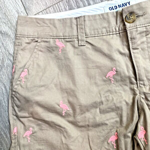 Old Navy Pink Flamingo Chino Shorts Tan & Pink embroidery ladies size 4 preppy